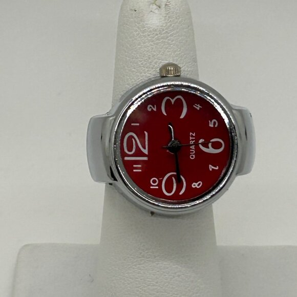 Silver-Tone Stretch Band Ring Quartz Watch With Red Face Adjustable Fit Works - Picture 8 of 10